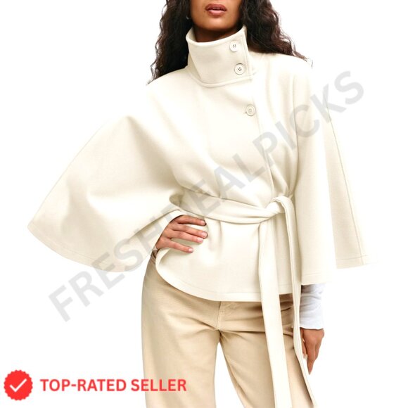 Oversized Batwing Sleeve Poncho Cape Coat Elegant Belted Stand Collar Outerwear